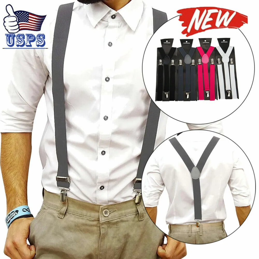 Women Men'S Shirt Clip-On Braces Elastic Slim Suspender 1inch Wide 37colors  Y-Back Suspenders Male