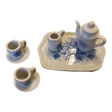 Vintage Miniature Blue  White Ceramic Tea Set for 2