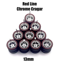 5x Red Line Chrome Cragar 13/13mm Wheels w/ Rubber Tires for 1/64 H0T Wheelz