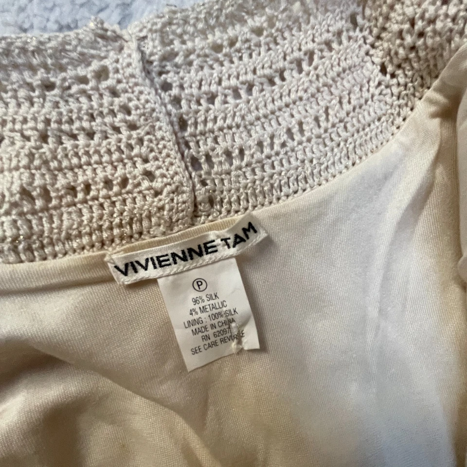 Vestido recto Vivienne Tam para mujer dorado crema tejido metálico seda sin mangas talla P Foto 3 de 4