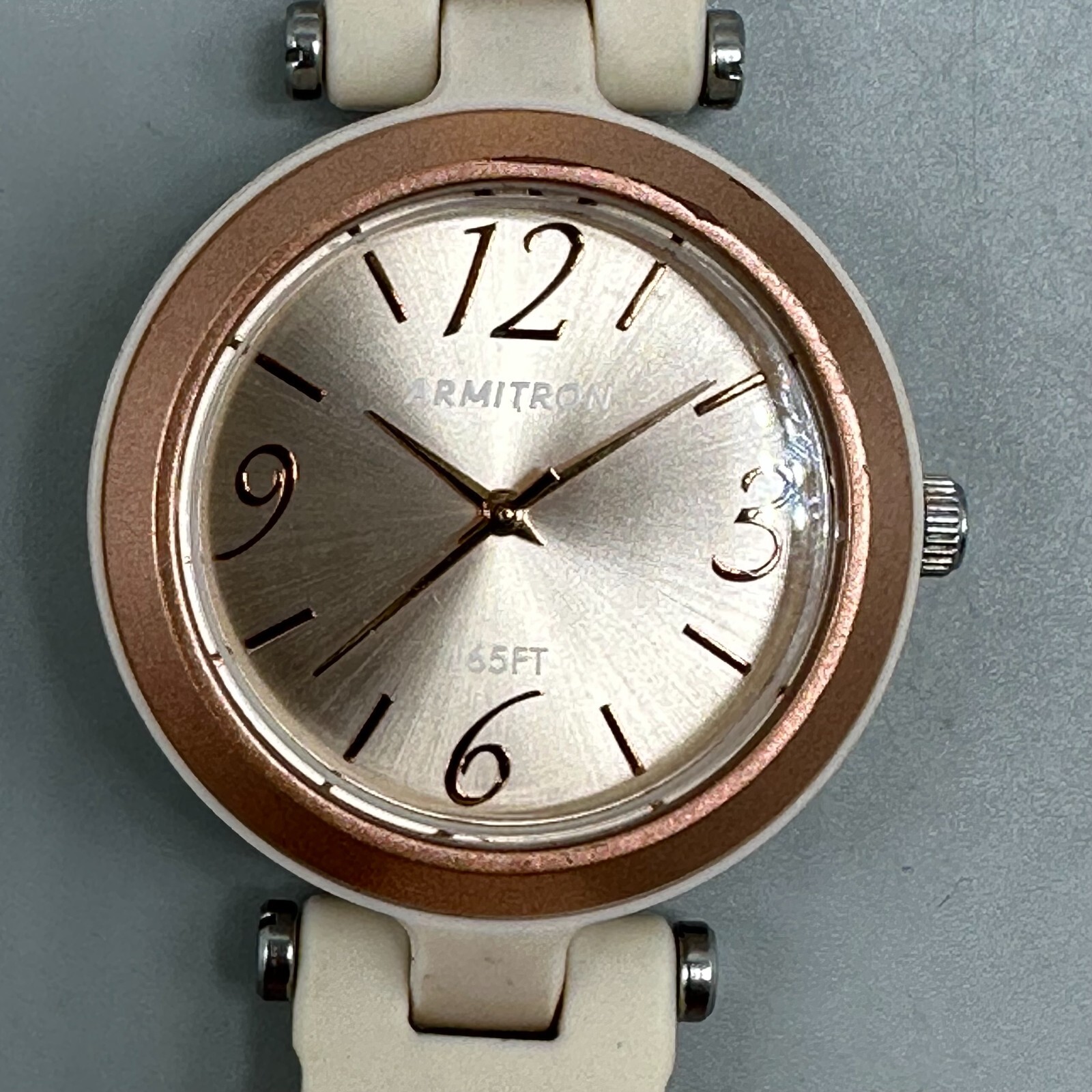 Armitron Watch Women Rose Gold Tone Cream Silicone Band New Battery 9.5 Inch