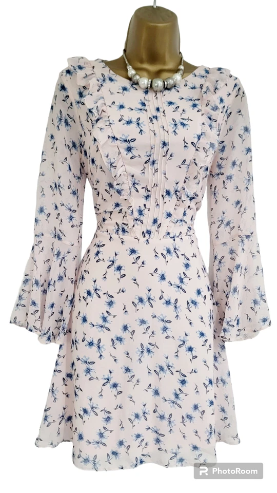 Vestido de patinador floral talla 16 rosa manga larga con volantes fiesta blogger fiesta mini Foto 3 de 4