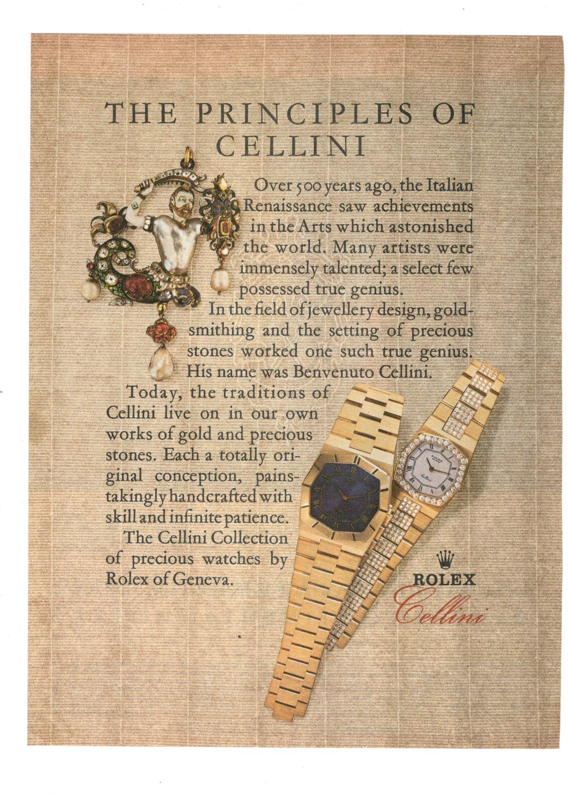 ROLEX CELLINI Pubblicità OROLOGIO 1 Pagina 1981 THE PRINCIPLES BENVENUTO CELLINI