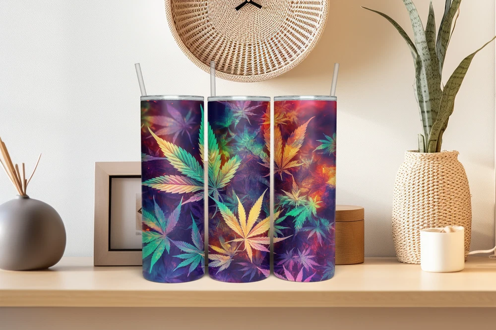 Tumbler Skinny 20oz  w/ Lid & Straw  Weed Leaf Cannabis Marijuana 420