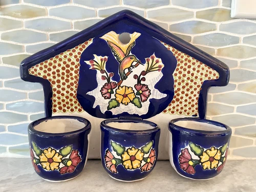 Talavera Mexican Pottery Hanging Wall Planter With Three Pots