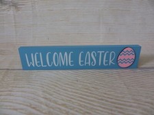New Blue "Welcome Easter" Egg Wood Block SIGN Decor Tier Tray Bunny Spring