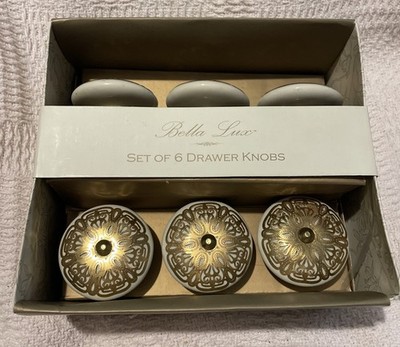 Bella Lux Ornate Brass Floral Filigree White Ceramic Cabinet Drawer Knobs S/6