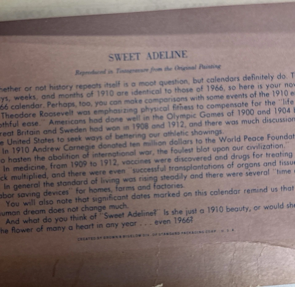 Vtg 1966 SWEET ADELINE Duskey Bros Oil Co. Advertising Calendar 2nd Edition 1910 - Image 2 of 4