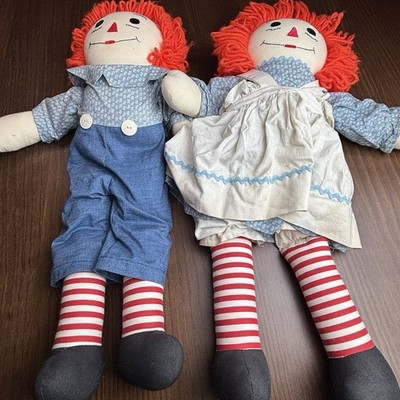 Vintage 24  Handmade Raggedy Ann & Andy Cloth Doll Red Yarn Pair - Stains ~ READ
