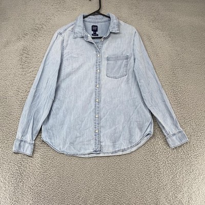 Gap Perfect Shirt Womens Large Chambray Blue Long Sleeve Button Up Light Wash