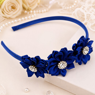   Haarreif mit 3 Handgenähten Blumen & Strass in Royalblau/ Einheitsgröße  NEU