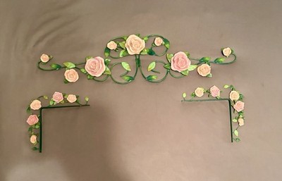 VTG 3 Pc Decor Art Above Door/Sits On Door Frame Metal & Resin Green Pink Roses