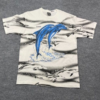 Vintage 90s Dolphin Art AOP Shirt Large 22x29 White Curaçao Island
