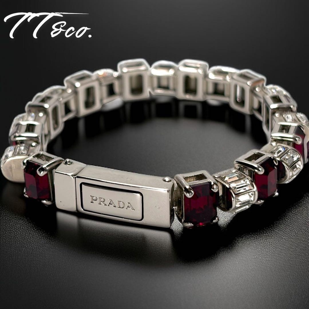 Prada Ruby Rhinestone Silver Bracelet 5.9 in Auth… - image 1