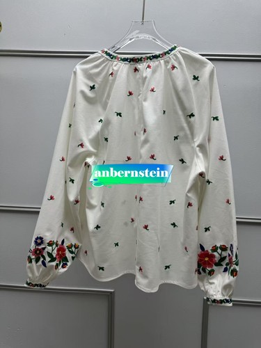 Camisa Sezane Floral Bordado Suelto Top Cordón Borla Cuello Redondo Manga Burbuja - Imagen 8 de 12