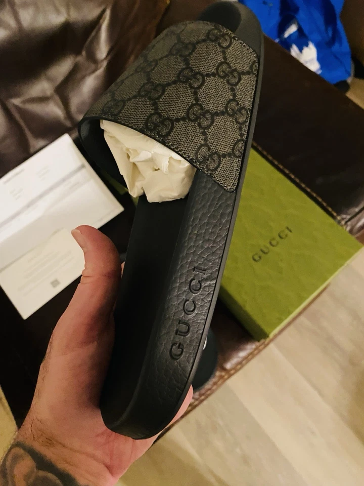 Gucci GG x Supreme negro x gris diapositivas para hombre talla 10 Foto 3 de 4