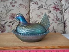 Vtg. Indiana Glass Iridescent Blue Carnival Glass Hen On Nest Pre-owned