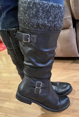 Elegant Black Buckle Winter Boots Yuu Ryley 6 1/2 M Calf Length Wool Trim