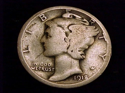 1918-D  Mercury Dime, nearly Good grade