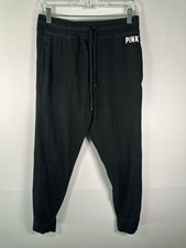 PINK Victorias Secret Sweatpants Womens L Black Jogger Drawstring Cuffed Pockets