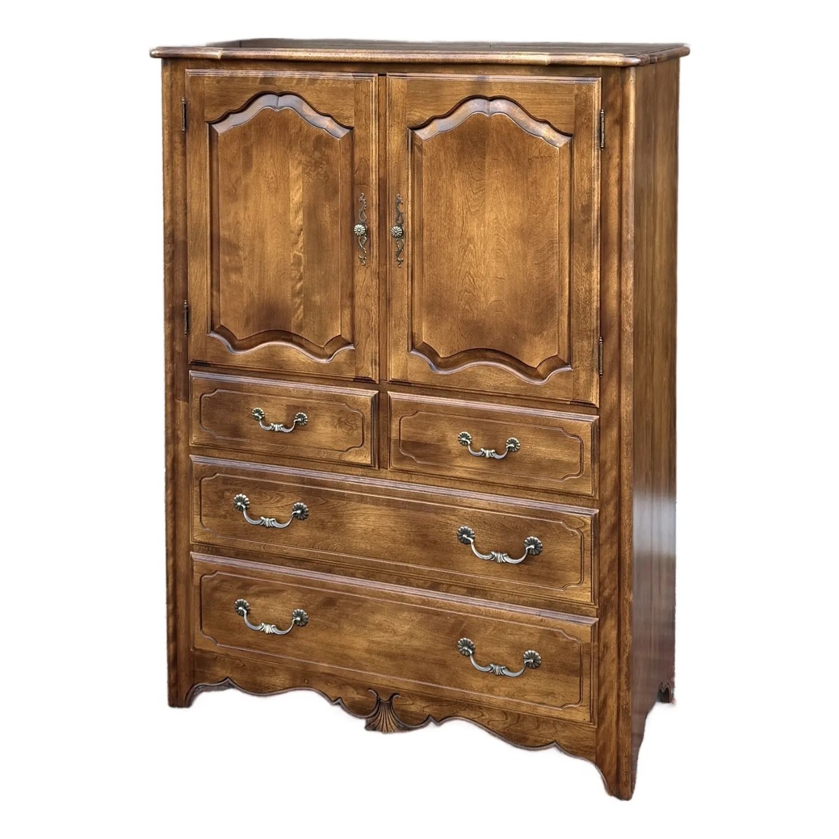 1980s Ethan Allen Country French Birch 6 Drawer Highboy Armoire