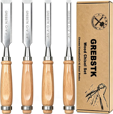 4 Piece Wood Chisel Set CR-V Steel Sharp Bevel Edge for Woodworking