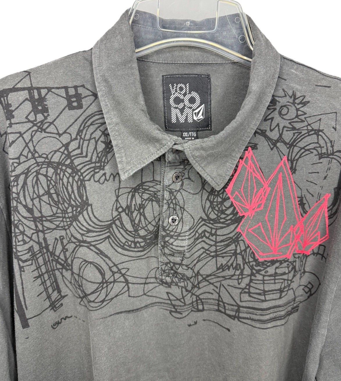 Volcom Stone Men's XXL Gray Scribble Graphic Short Sleeve Polo Shirt Y2K Skater