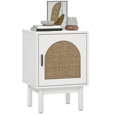 Boho Rattan Bedside Table Adjustable Shelf White