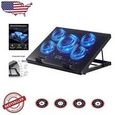 Gaming Laptop Cooler 5 Blue LED Fans 12-17" Adjustable Height Dual USB