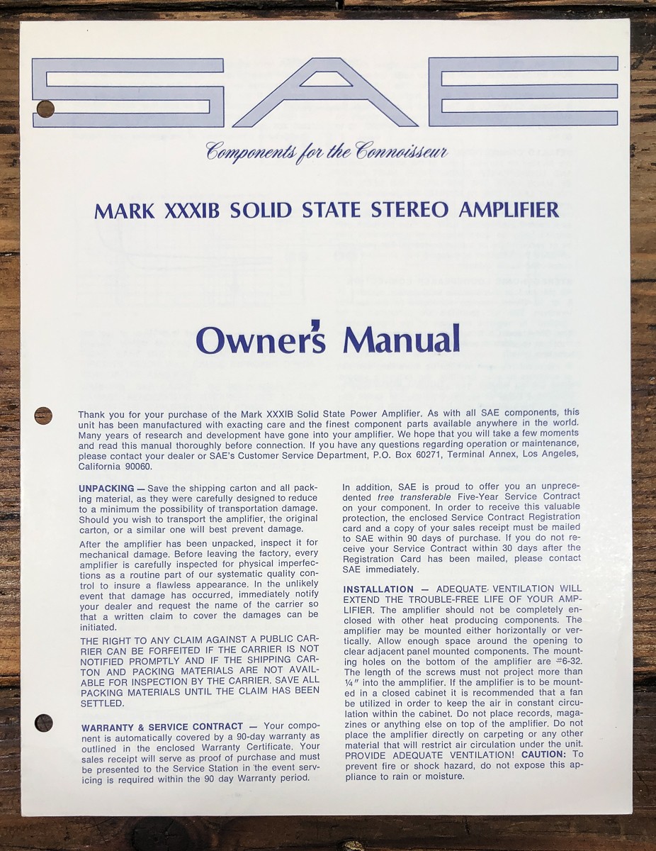 SAE Mark XXXIB Amplifier Owners / User Manual *Original*