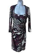 Cache Ruched Bodycon Dress Womens 3/4 Sleeve Zebra Floral Print Stretch Sz 10