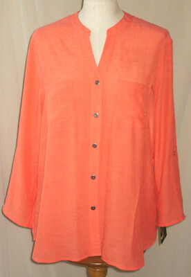 ABSOLUTELY FAMOUS SHIRT 3/4 SLEEVE BUTTON UP CORAL BLOUSE V-NECK NEW TOP XL