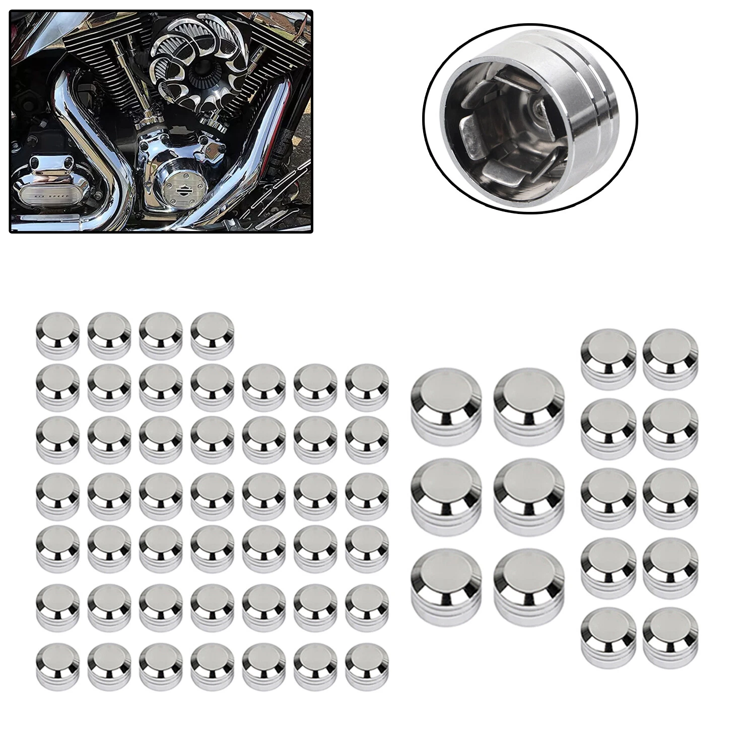 Lingdu Covers Engine Kit Motor Primary Bolts Head Caps Aluminum For Touring Road King Street Glide 2017-2020 Softail Twin Cam (Pack Of 62), Bolt Covers Topper Caps, Flat Chrome In - Foto 3