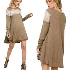 Umgee Womens Lace Heathered Knit Dress Size Medium Mocha Brown Boho Long Sleeve