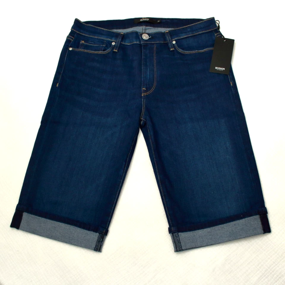Bermudas HUDSON Amelia tiro medio lavado oscuro hasta la rodilla puños denim talla 30
