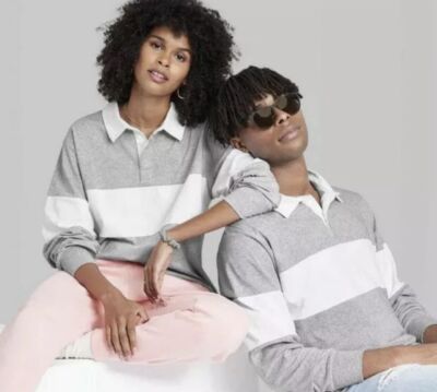Wild Fable Unisex Long Sleeve Oversized Rugby Pool Grey Striped T-Shirt!