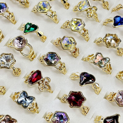 50Pcs Wholesale Mix Style Pattern Color Stone Golden Plated Rings Women Jewelry