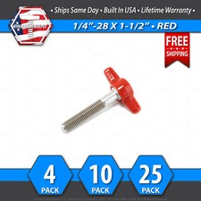 1/4"-28 x 1-1/2" Thumb Screw Stainless Steel - Red Tee / Wing Knob - USA