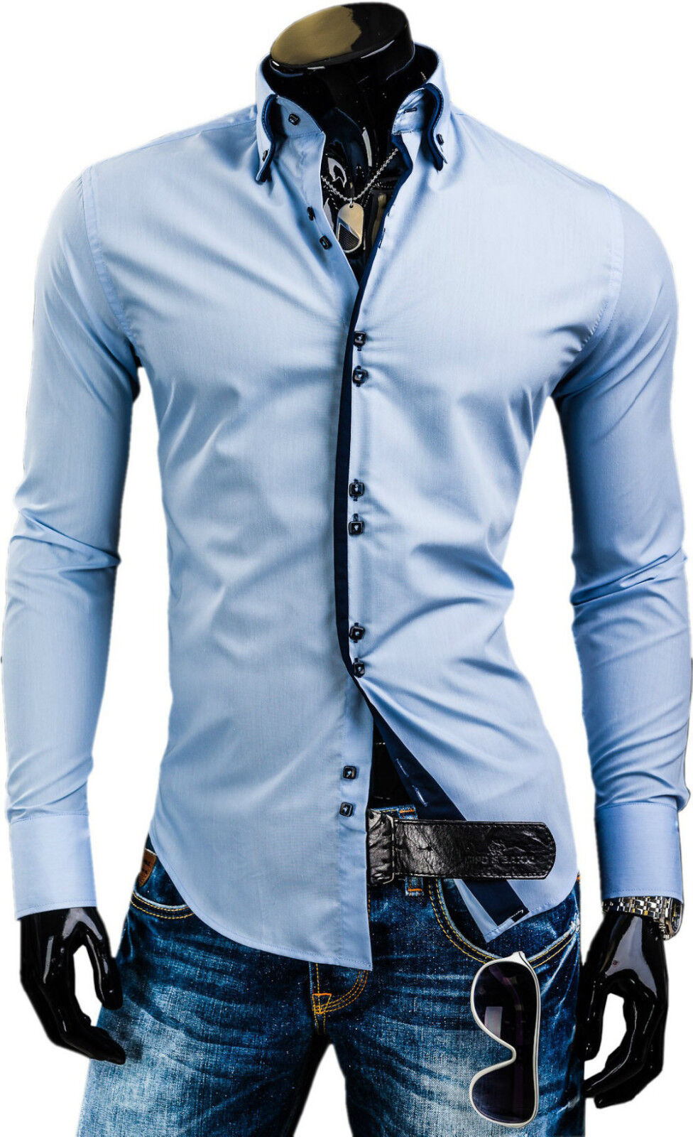 Stylish Mens Slim Fit Casual Double Collar Shirt Long Sleeve M L XL XXL ...