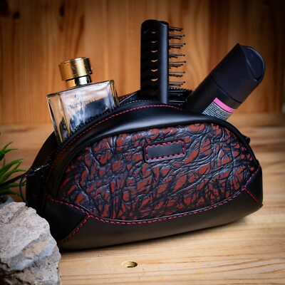 Leather cosmetic bag. Handmade black leather bag. Makeup Bag
