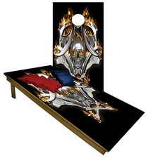 Cornhole Boards BEANBAG TOSS GAME w Bags Metal Skull Skeleton Harley Flames