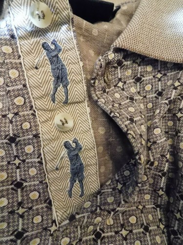 Men's Sz Large Bobby Jones Brown Beige Geometric Hidden Golfer Polo Shirt Italy - Picture 3 of 9