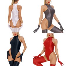 Women's Lingerie Oil Glossy Bodysuit High Cut Rompers One-piece Thongs Leotard