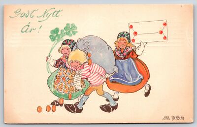 Artist Aina Stenberg New Year~Coins Fall From Bag On Boy's Back~Sweden ART DECO