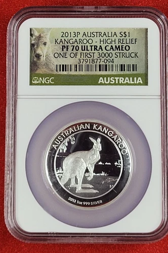 Australia 2013P  1oz SILVER $1 KANGAROO HIGH RELIEF Coin NGC PF70 UC 1 of 3,000