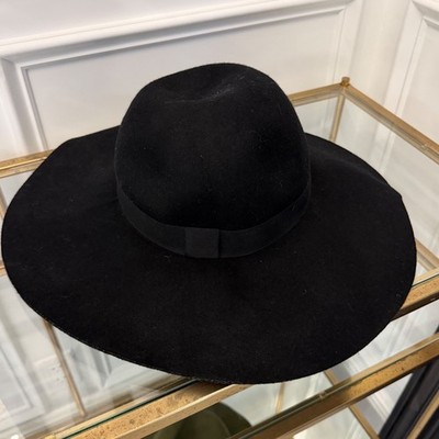 HM Divided Black Wool Wide Brim Floppy Hat Grosgrain Ribbon Trim Size L 58