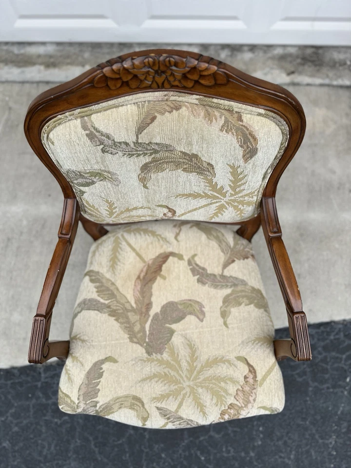 🌴 Vintage Tropical Upholstered Armchair – Ornate Carved Wood – Classic Elegance - Image 2 of 4