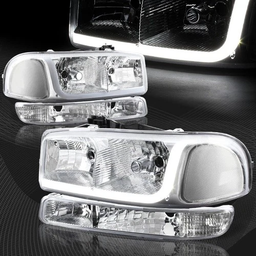 For 1999-2006 GMC Sierra 1500 2500 DRL LED Chrome Clear Headlights+Bumper 4PCS