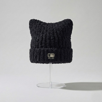 MLB Korea Plush Meow Beanie NY Yankees Black Cat Ear Hat Fuzzy