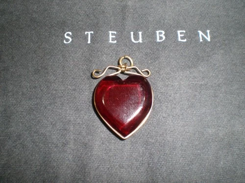 STEUBEN GLASS Garnet Colored Heart Pendant or Charm - Good Condition